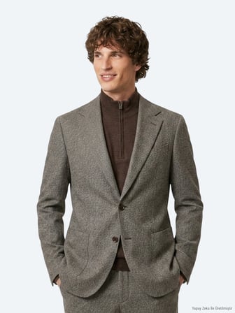 Açık Kahve Çizgili Modern Fit Yün Karışımlı Takım Elbise