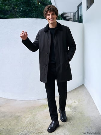 Siyah Regular Fit Gömlek Yaka Casual Dokuma Pardösü
