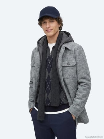 Gri Regular Fit Kapüşonlu Smart Casual Dokuma Mont