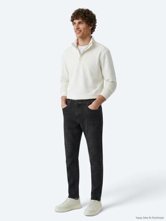 Koyu Gri Düz Slim Fit Denim Pamuk Karışımlı Pantolon