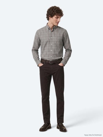 Kahverengi Düz Dokuma Slim Fit Spor Pamuk Karışımlı Pantolon