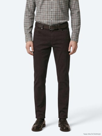 Kahverengi Düz Dokuma Slim Fit Spor Pamuk Karışımlı Pantolon