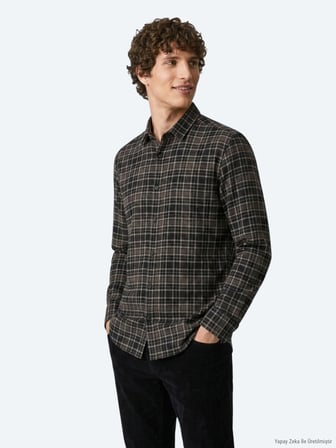 Kahverengi Kareli Regular Fit Uzun Dokuma Casual %100 Pamuk Gömlek