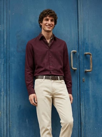 Bordo Düz Regular Fit Uzun Dokuma Casual %100 Pamuk Gömlek