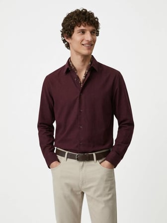 Bordo Düz Regular Fit Uzun Dokuma Casual %100 Pamuk Gömlek