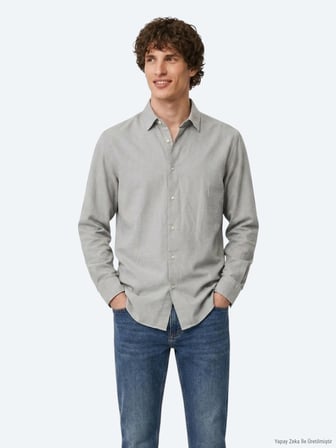Gri Düz Regular Fit Uzun Dokuma Casual %100 Pamuk Gömlek