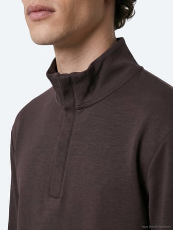 Kahverengi Dik Yaka Düz Sweatshırt