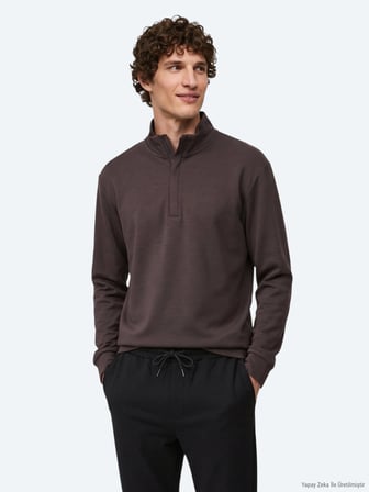 Kahverengi Dik Yaka Düz Sweatshırt