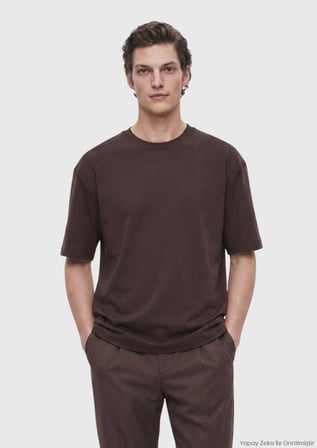 Kahverengi Düz %100 Pamuk T-Shirt
