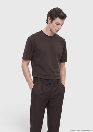 Kahverengi Düz %100 Pamuk T-Shirt