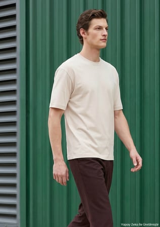 Ekru Düz %100 Pamuk T-Shirt