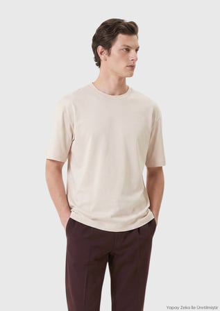 Ekru Düz %100 Pamuk T-Shirt