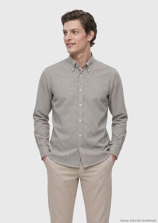 Haki Mikro Casual Fit Uzun Dokuma Casual %100 Pamuk Gömlek