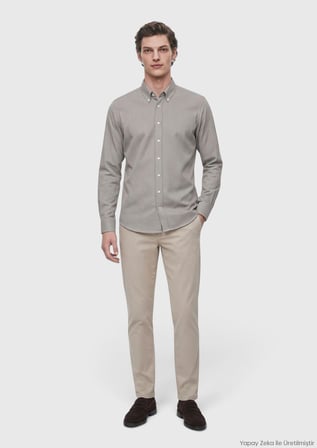 Haki Mikro Casual Fit Uzun Dokuma Casual %100 Pamuk Gömlek
