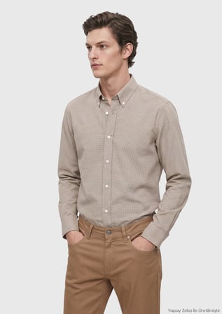 Bej Casual Fit Uzun Dokuma Casual %100 Pamuk Gömlek