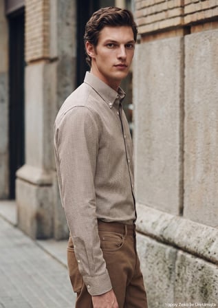 Bej Casual Fit Uzun Dokuma Casual %100 Pamuk Gömlek