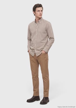 Bej Casual Fit Uzun Dokuma Casual %100 Pamuk Gömlek