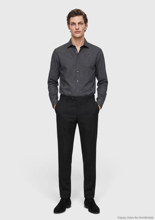 Siyah Düz Regular Fit Klasik %100 Yün Pantolon