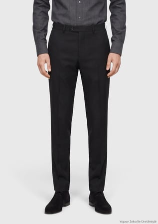Siyah Düz Regular Fit Klasik %100 Yün Pantolon
