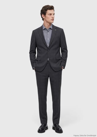Koyu Lacivert Desenli Modern Fit Yün Karışımlı Takım Elbise