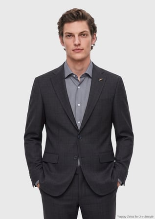 Koyu Lacivert Desenli Modern Fit Yün Karışımlı Takım Elbise