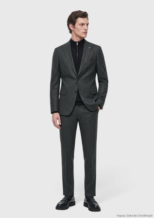 Haki Kareli Zeroweight Slim Fit Yün Karışımlı Takım Elbise