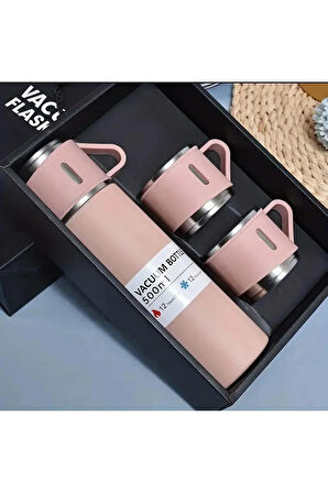 Dekorasyaa Paslanmaz Çelik 3 Bardaklı Termos 500 ml - Çanta Hediyeli - 12 Saat Sıcak Soğuk - Pembe