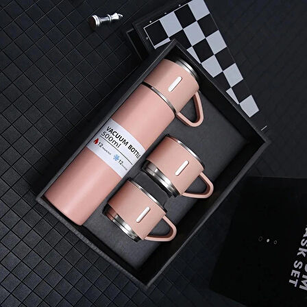 Dekorasyaa Paslanmaz Çelik 3 Bardaklı Termos 500 ml - Çanta Hediyeli - 12 Saat Sıcak Soğuk - Pembe