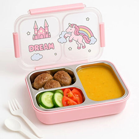 Dekorasyaa Pembe Çocuk Beslenme Kabı – Bölmeli Lunchbox - İçi Çelik - Vakumlu - 3 Bölmeli