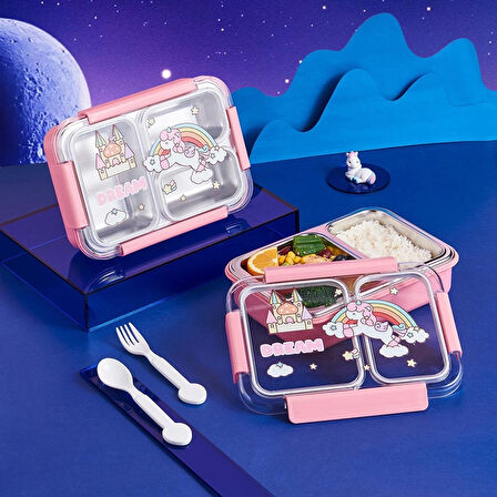 Dekorasyaa Pembe Çocuk Beslenme Kabı – Bölmeli Lunchbox - İçi Çelik - Vakumlu - 3 Bölmeli