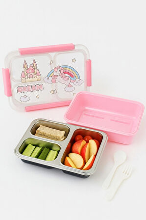 Dekorasyaa Pembe Çocuk Beslenme Kabı – Bölmeli Lunchbox - İçi Çelik - Vakumlu - 3 Bölmeli