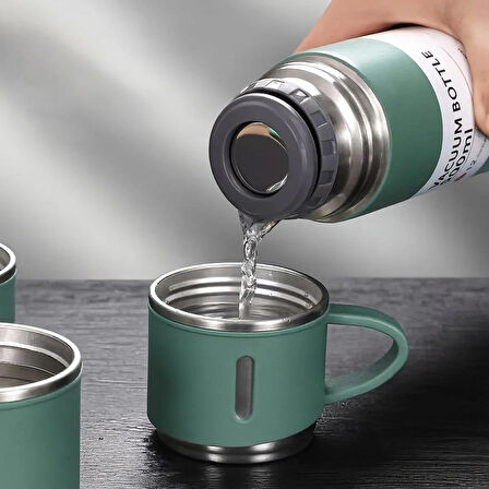 Dekorasyaa Paslanmaz Çelik 3 Bardaklı Termos 500 ml - Çanta Hediyeli - 12 Saat Sıcak Soğuk - Yeşil