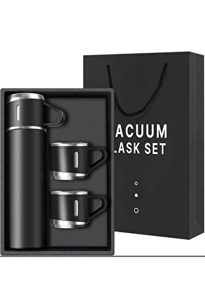 Dekorasyaa Paslanmaz Çelik 3 Bardaklı Termos 500 ml - Çanta Hediyeli - 12 Saat Sıcak Soğuk - Siyah