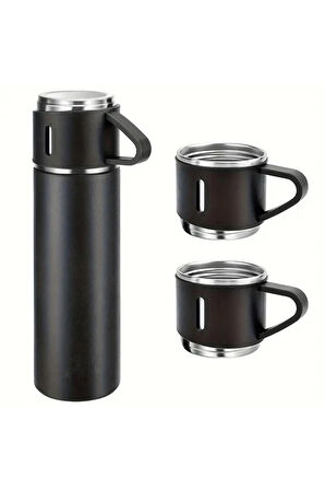 Dekorasyaa Paslanmaz Çelik 3 Bardaklı Termos 500 ml - Çanta Hediyeli - 12 Saat Sıcak Soğuk - Siyah