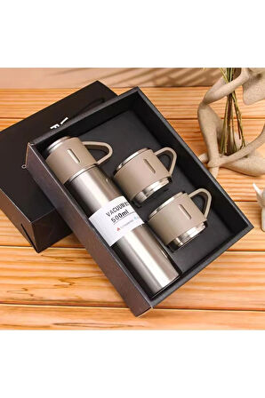 Dekorasyaa Paslanmaz Çelik 3 Bardaklı Termos 500 ml - Çanta Hediyeli - 12 Saat Sıcak Soğuk - Gümüş