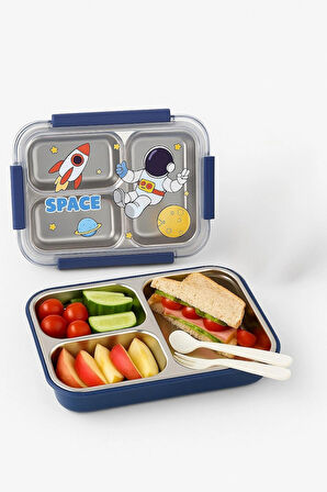 Dekorasyaa Mavi Çocuk Beslenme Kabı – Bölmeli Lunchbox - İçi Çelik - Vakumlu - 3 Bölmeli