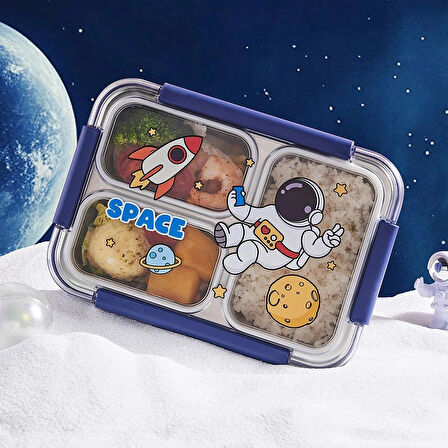 Dekorasyaa Mavi Çocuk Beslenme Kabı – Bölmeli Lunchbox - İçi Çelik - Vakumlu - 3 Bölmeli