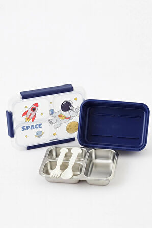 Dekorasyaa Mavi Çocuk Beslenme Kabı – Bölmeli Lunchbox - İçi Çelik - Vakumlu - 3 Bölmeli