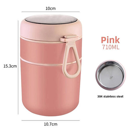 Dekorasyaa 2 Katlı Lunch Box - Pembe - Paslanmaz Çelik - Kaşıklı - Yemek Taşıma Kabı - 710ml