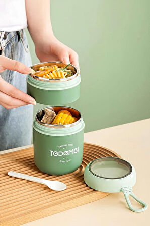 Dekorasyaa 2 Katlı Lunch Box - Yeşil - Paslanmaz Çelik - Kaşıklı - Yemek Taşıma Kabı - 710ml