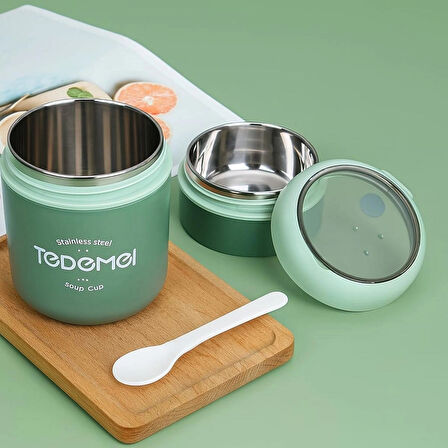 Dekorasyaa 2 Katlı Lunch Box - Yeşil - Paslanmaz Çelik - Kaşıklı - Yemek Taşıma Kabı - 710ml