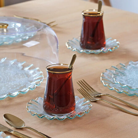 Glore Lace Şeffaf Altın Yaldızlı 12 Parça 6 Kişilik Cam Çay Takımı