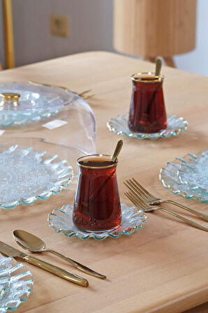 Glore Lace Şeffaf Altın Yaldızlı 12 Parça 6 Kişilik Cam Çay Takımı