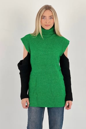 Kadın Boğazlı Omzu Açık Oversize Uzun Yeşil Triko Kazak