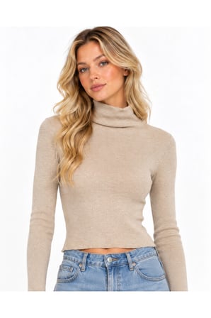 Kadın Taş Balıkçı Yaka Fitilli Crop Triko Kazak