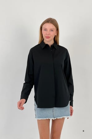 Kadın Esnek Yazlık Dar Slim Fit Basic Siyah Gömlek
