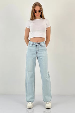 Kadın Straight Bol Paça Jeans Baggy Fit Buz Mavi Kot Pantolon