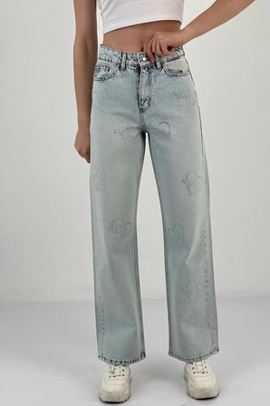 Kadın Bol Paça Taşlı Jeans Baggy Fit Buz Mavi Kot Pantolon