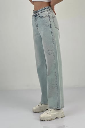 Kadın Bol Paça Taşlı Jeans Baggy Fit Buz Mavi Kot Pantolon