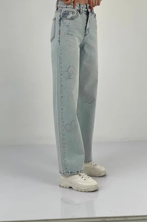 Kadın Bol Paça Taşlı Jeans Baggy Fit Buz Mavi Kot Pantolon